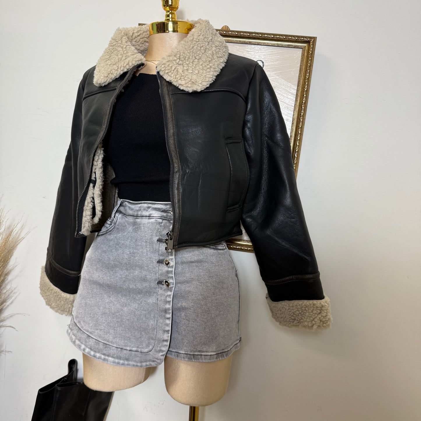 Sherpa lined Leather Jacket-Black