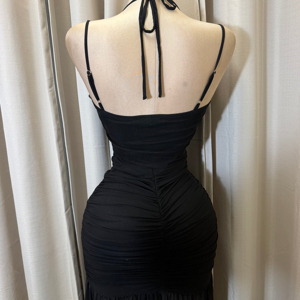 Corset Double Strap Ruched Slit Maxi Dress-Black