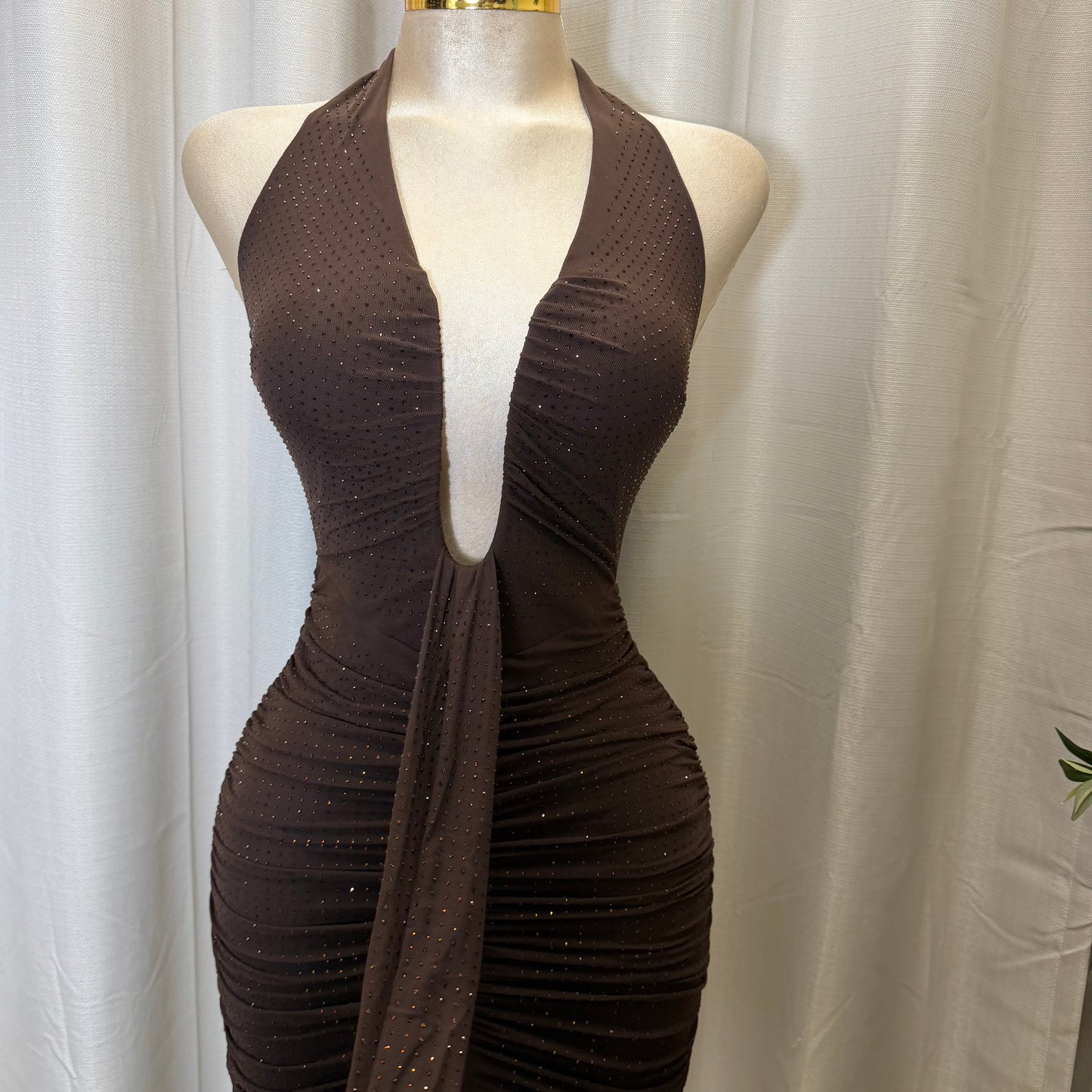 EMBELLISHED MESH COWL NECK MINI DRESS-Brown