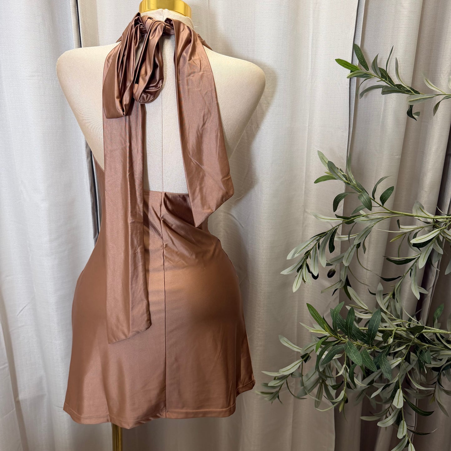Satin Halter Dress-Brown