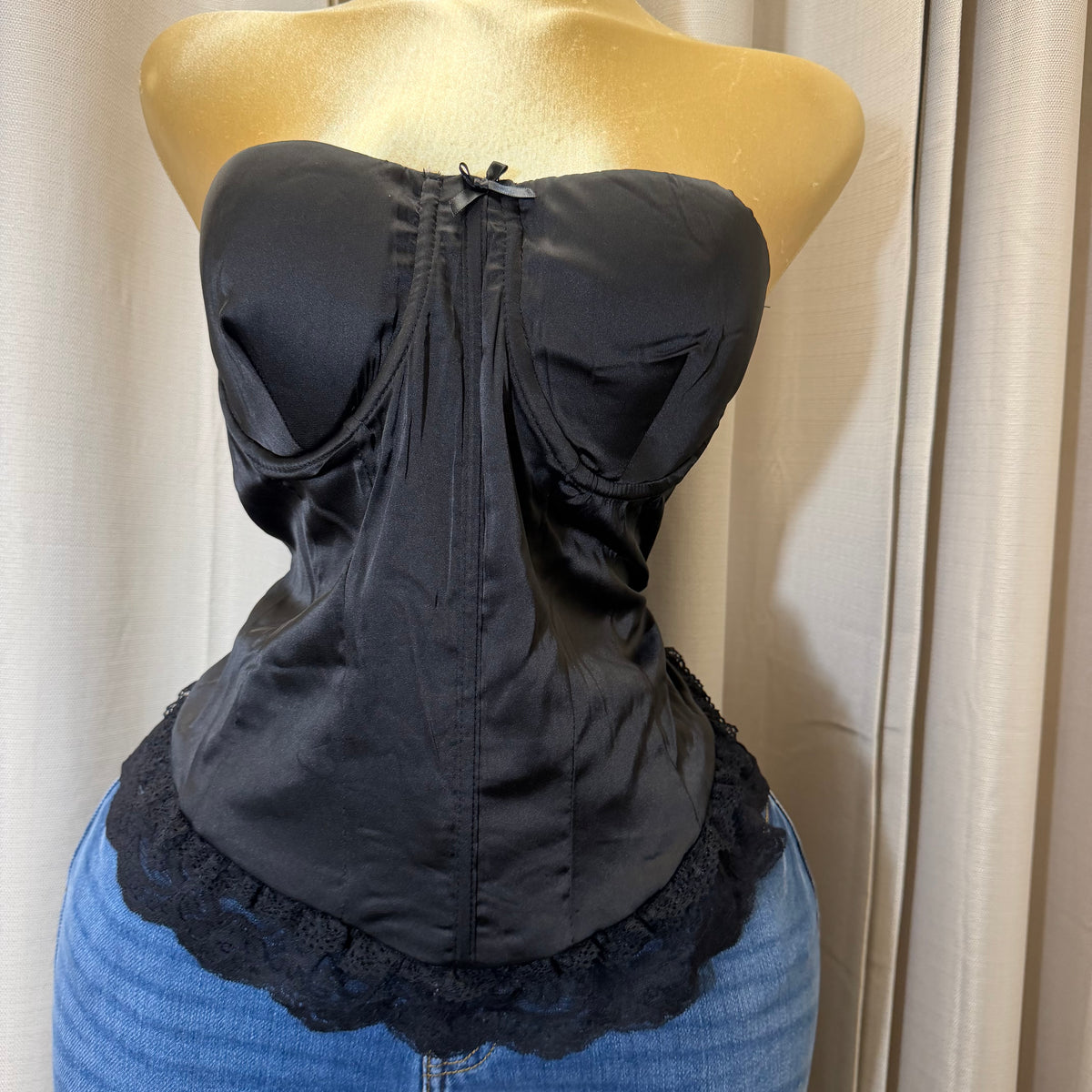 PL-Satin lace up Corset Top-Black