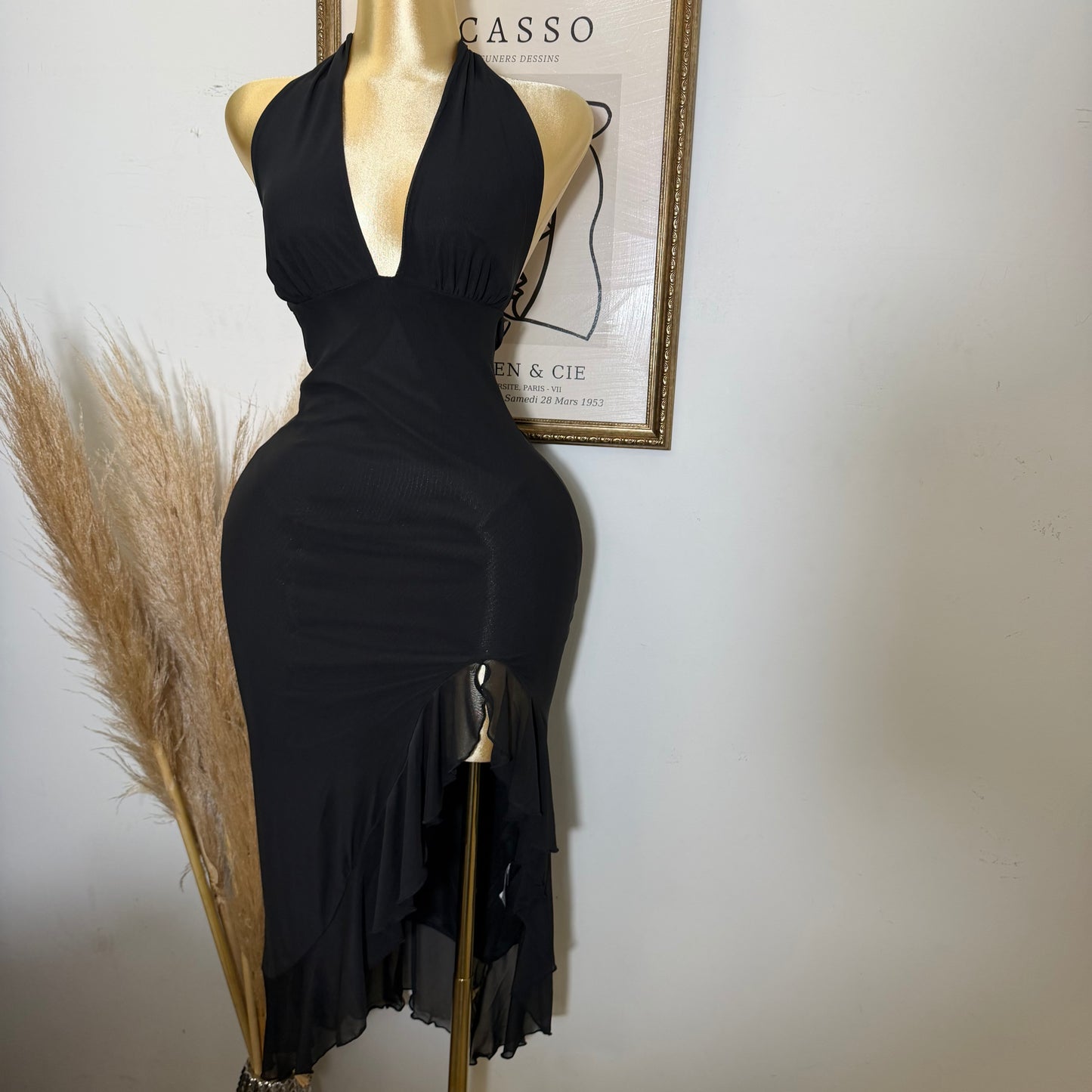 Halter Ruffle Slit Maxi Dress-Black