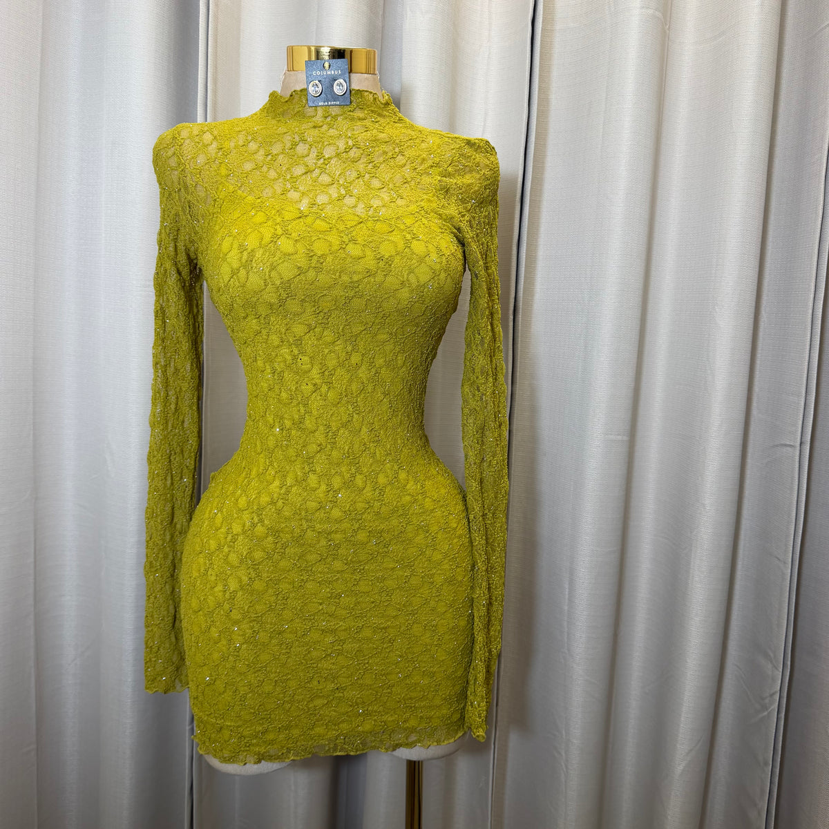 Long Sleeve Rhinestone Lace Dress-Olive Moss