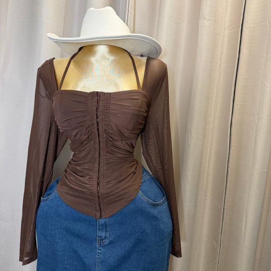 PL-Long Sleeve Corset Top-Brown