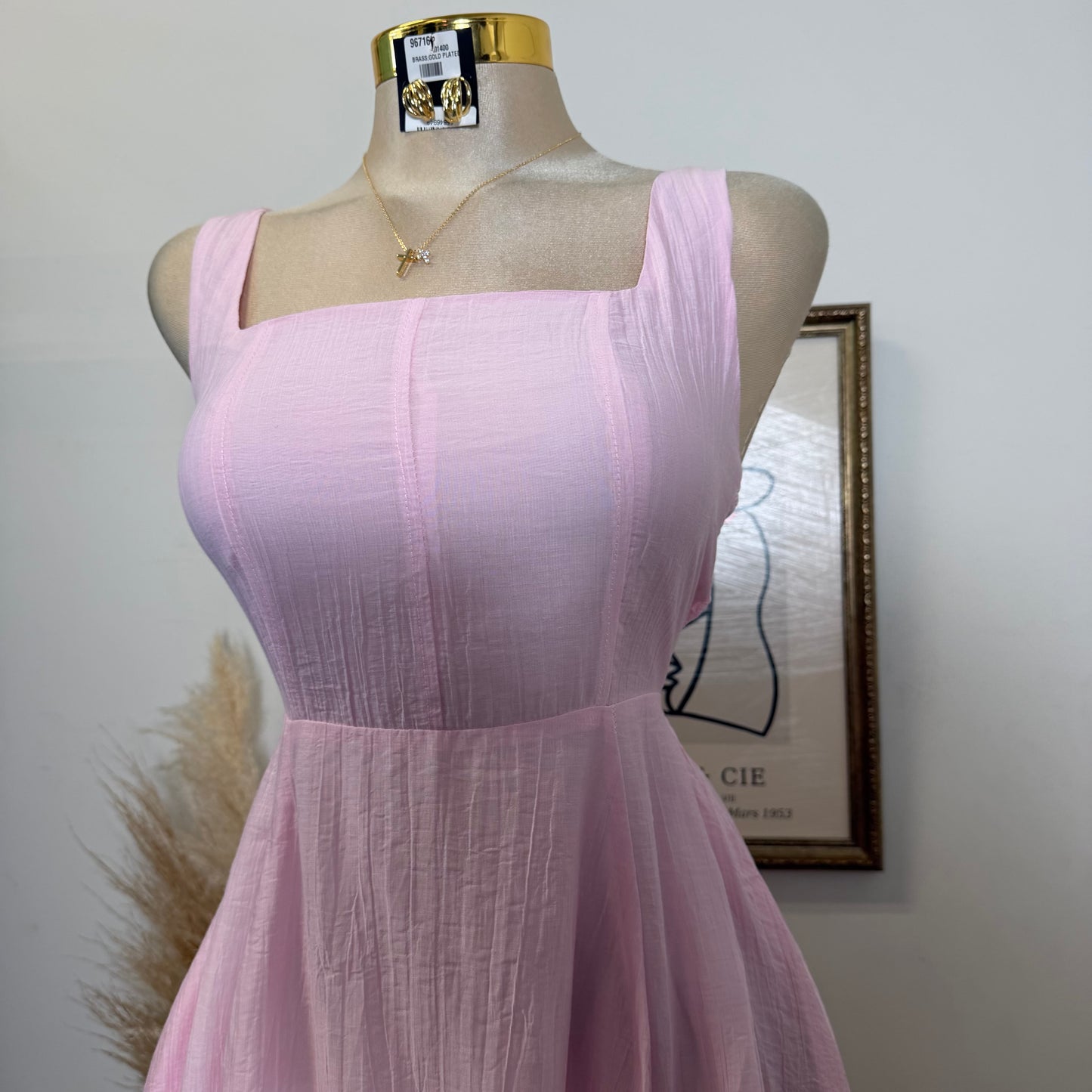 Square Neck Midi Dress-Pink