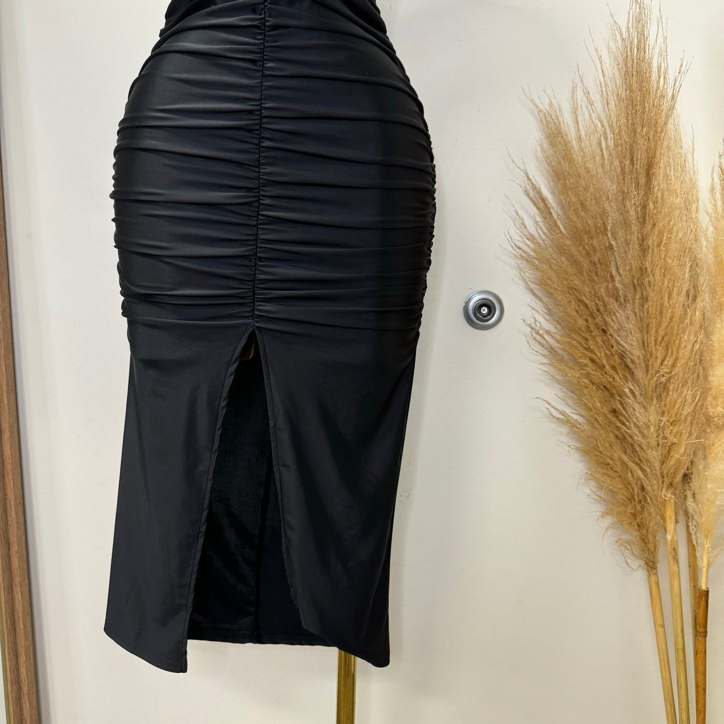 Lúxel Satin Off Shoulder MIDI Dress-Black