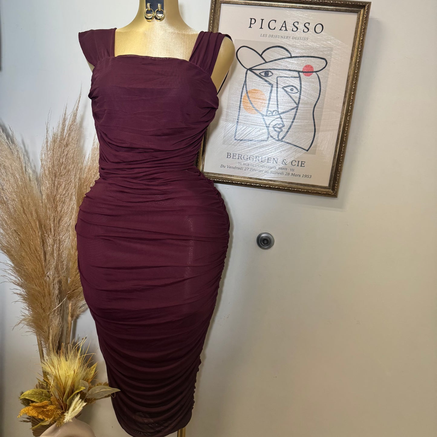 PL Sleeveless Square Neck Ruched Mesh Dress-Burgundy