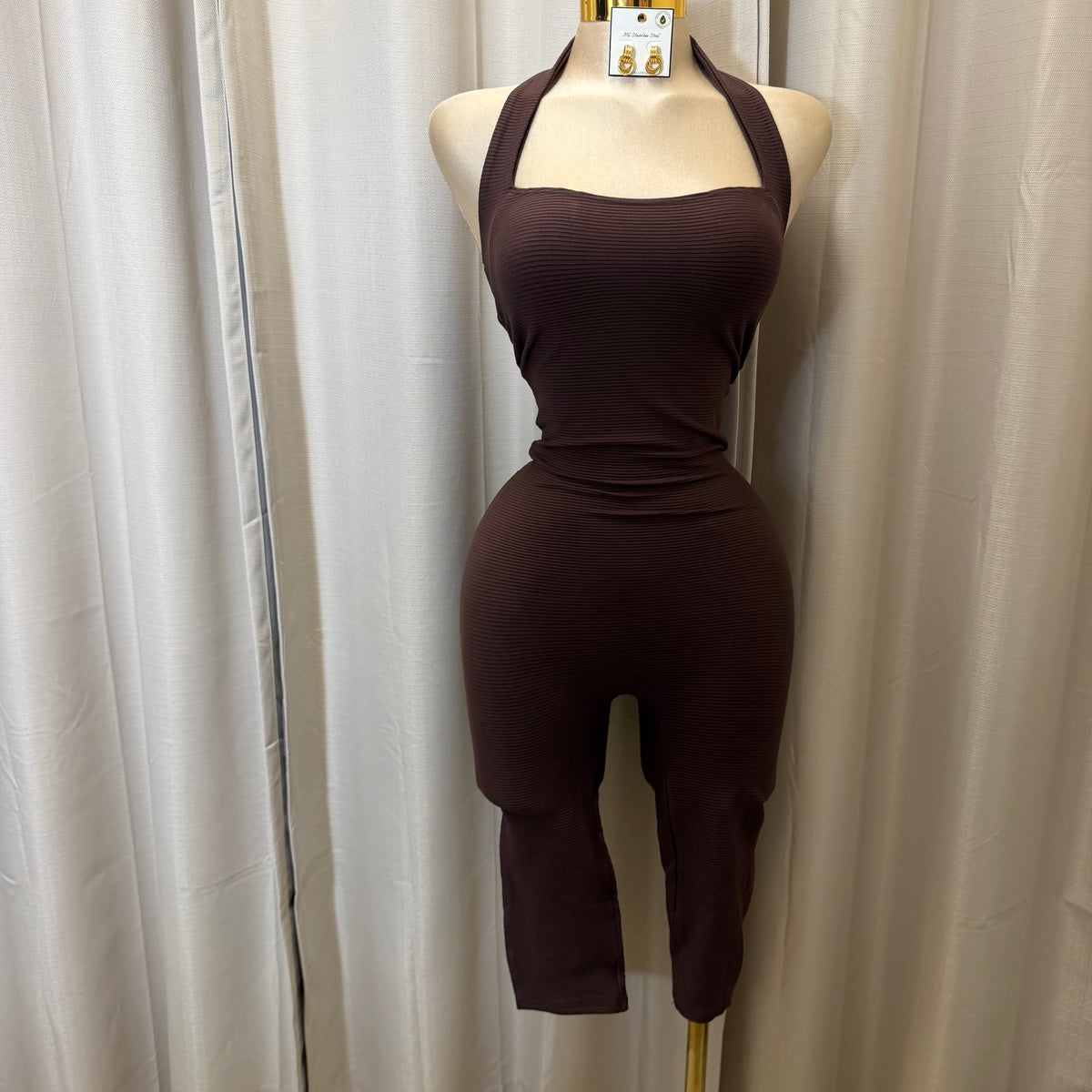 Halter Ribbed Capri Jumpsuit-Brown