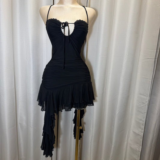 Flower Print Detail Mini Dress with Ruffle-Black