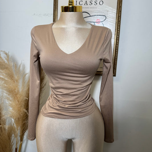 Ruched V-Neck  Long Sleeve Double Layered Top-Khaki