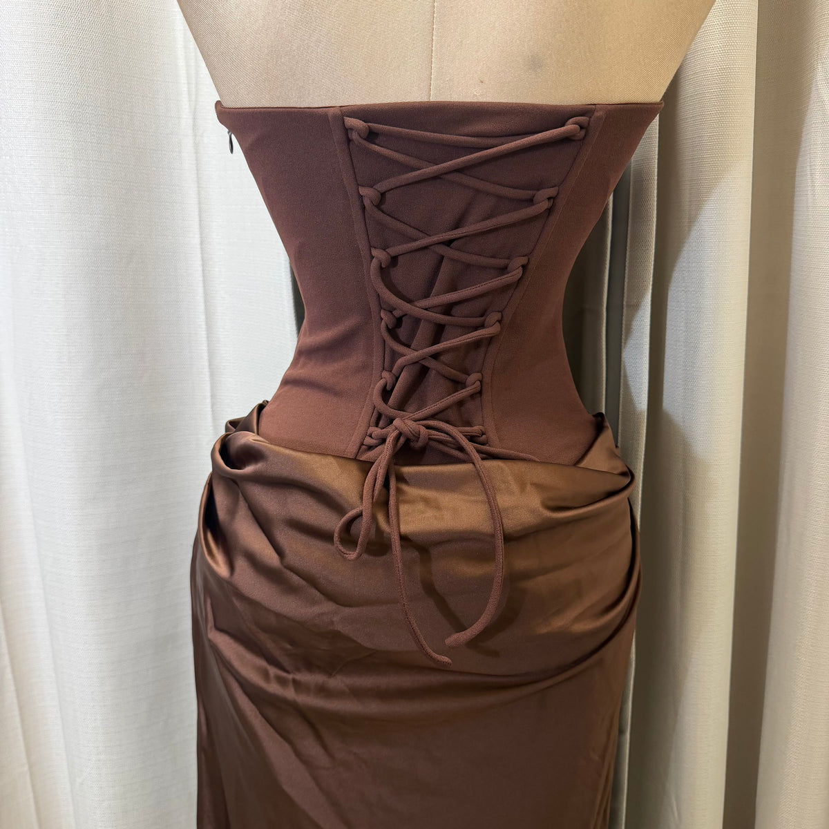 Satin Strapless Sweetheart Neckline Cowl Hip lace Maxi Dress-Brown