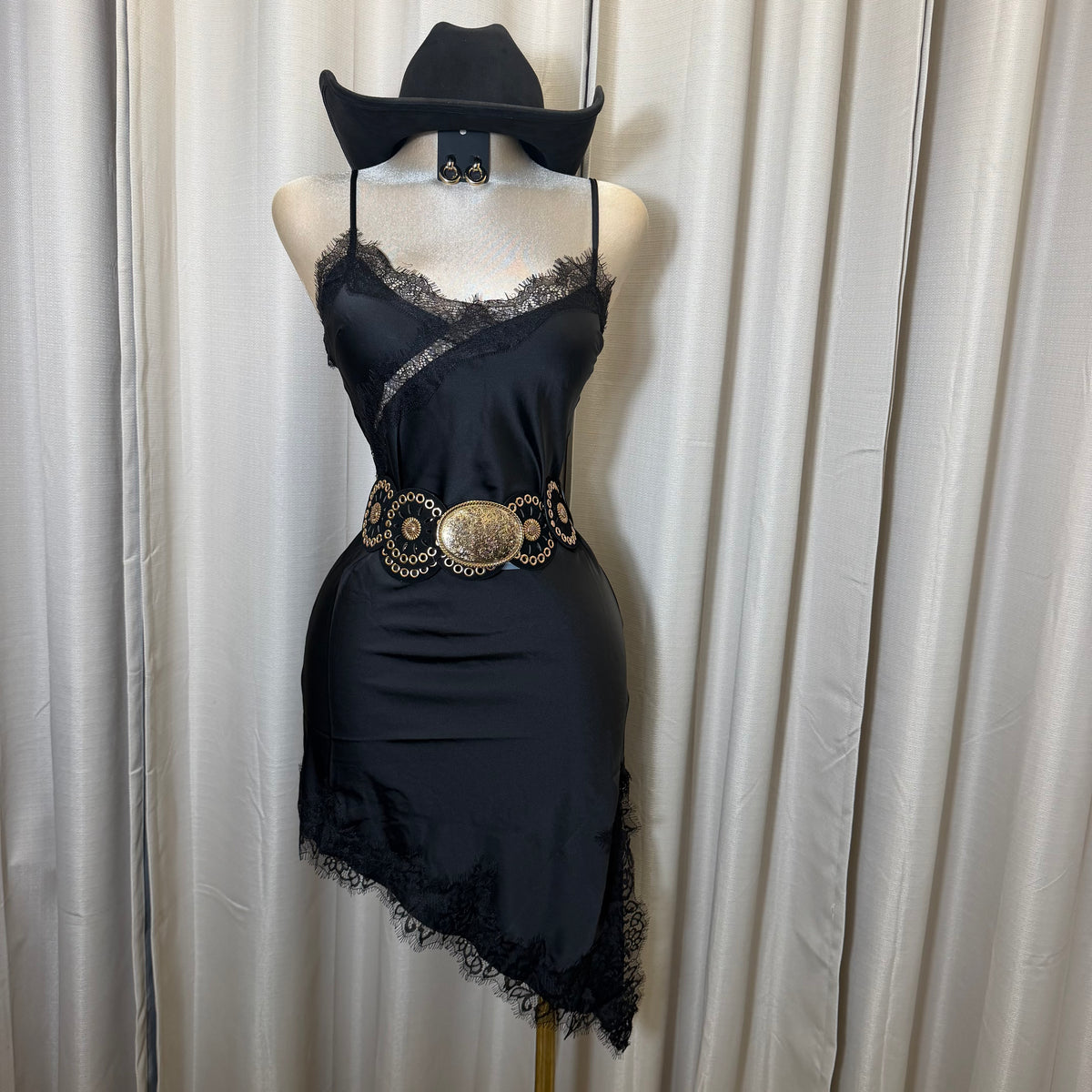 Satin Asymmetrical Lace detail Dress-black