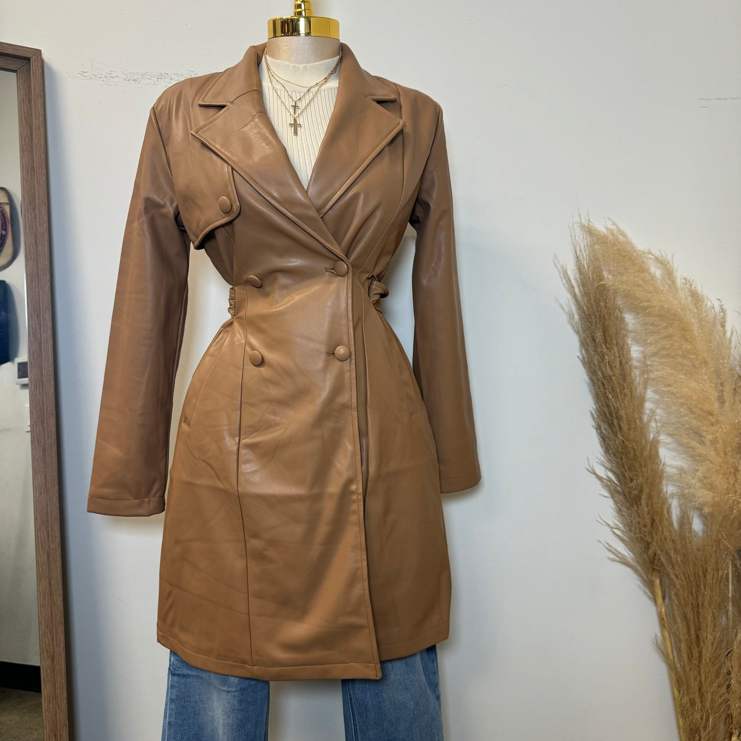 La Cherry PU Long Coat-Camel