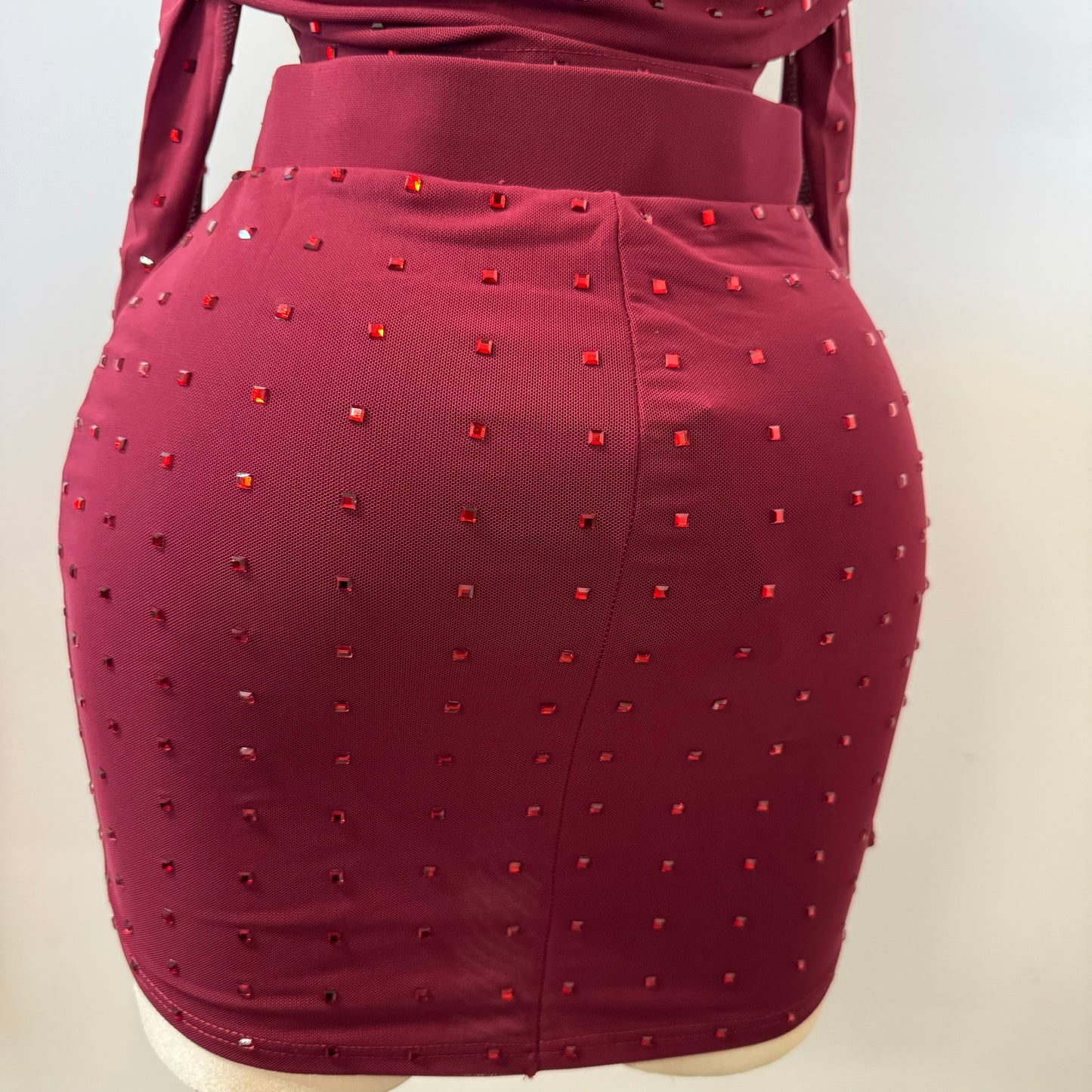 Rhinestone Skirt Set-Burgundy