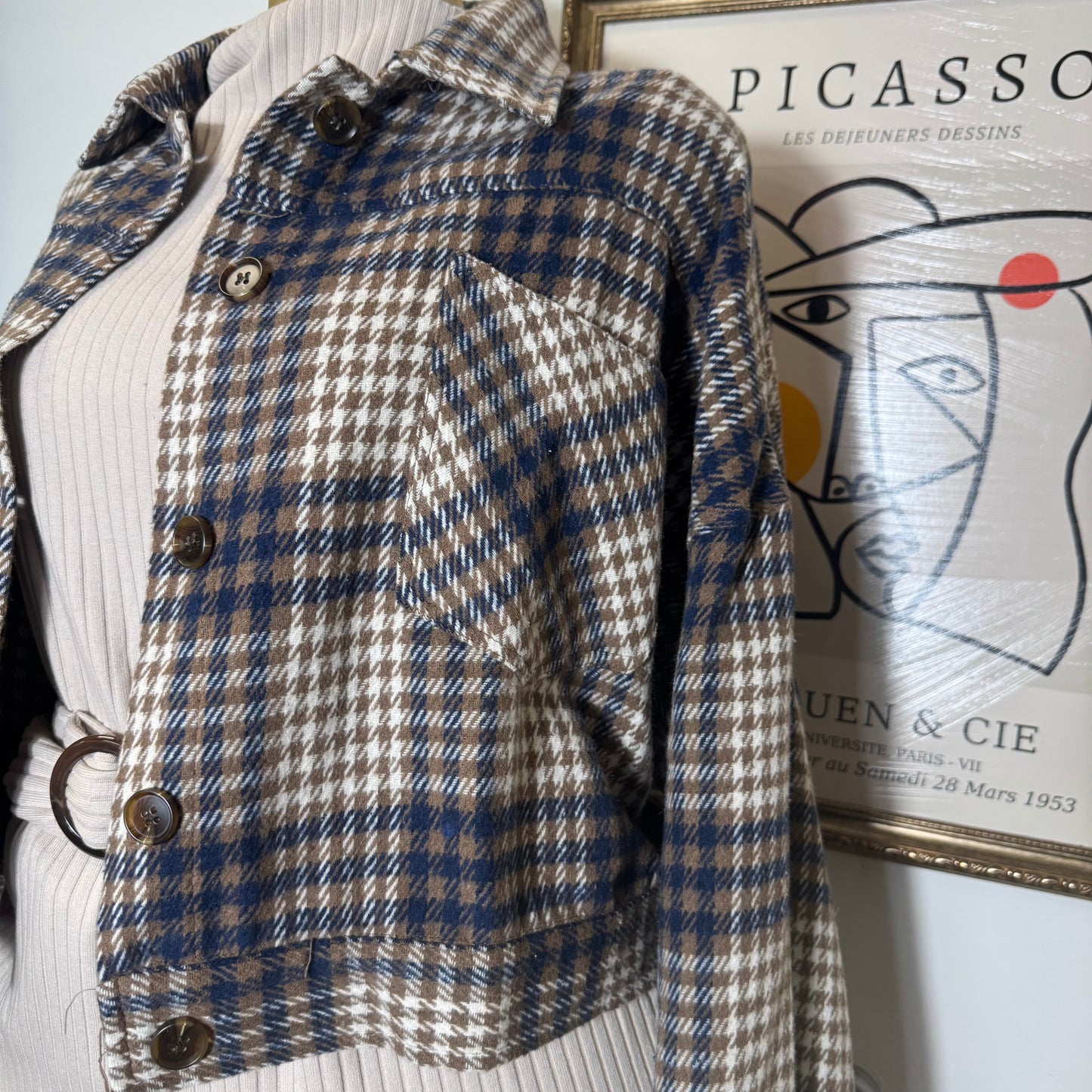 Cropped Button Down Plaid Jacket-Navy