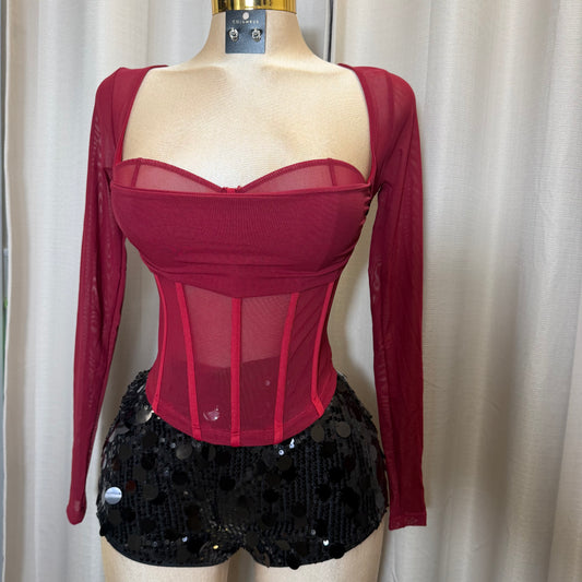 Long Sleeve Mesh Corset Top with Sewn bra Cups-Burgundy/Red