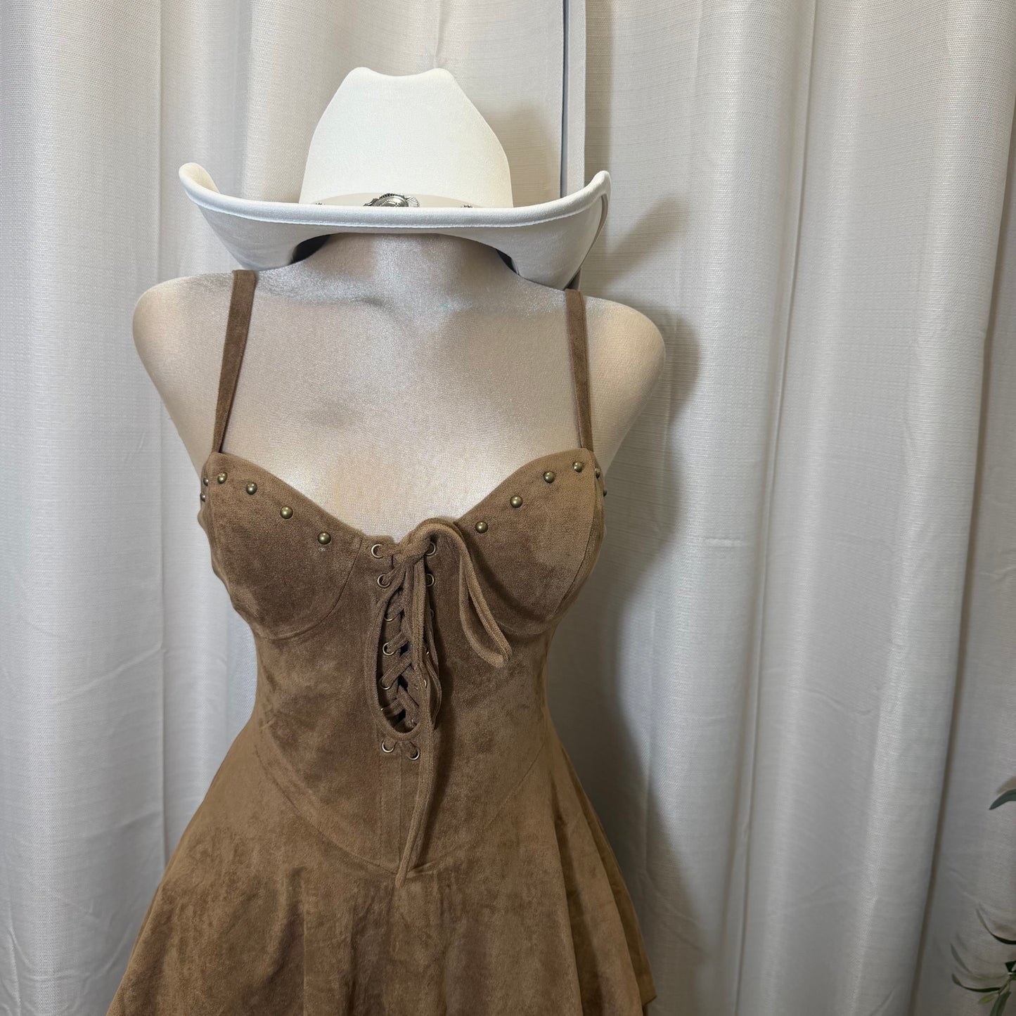 Studded Lace Up Tiered Mini Dress-Brown