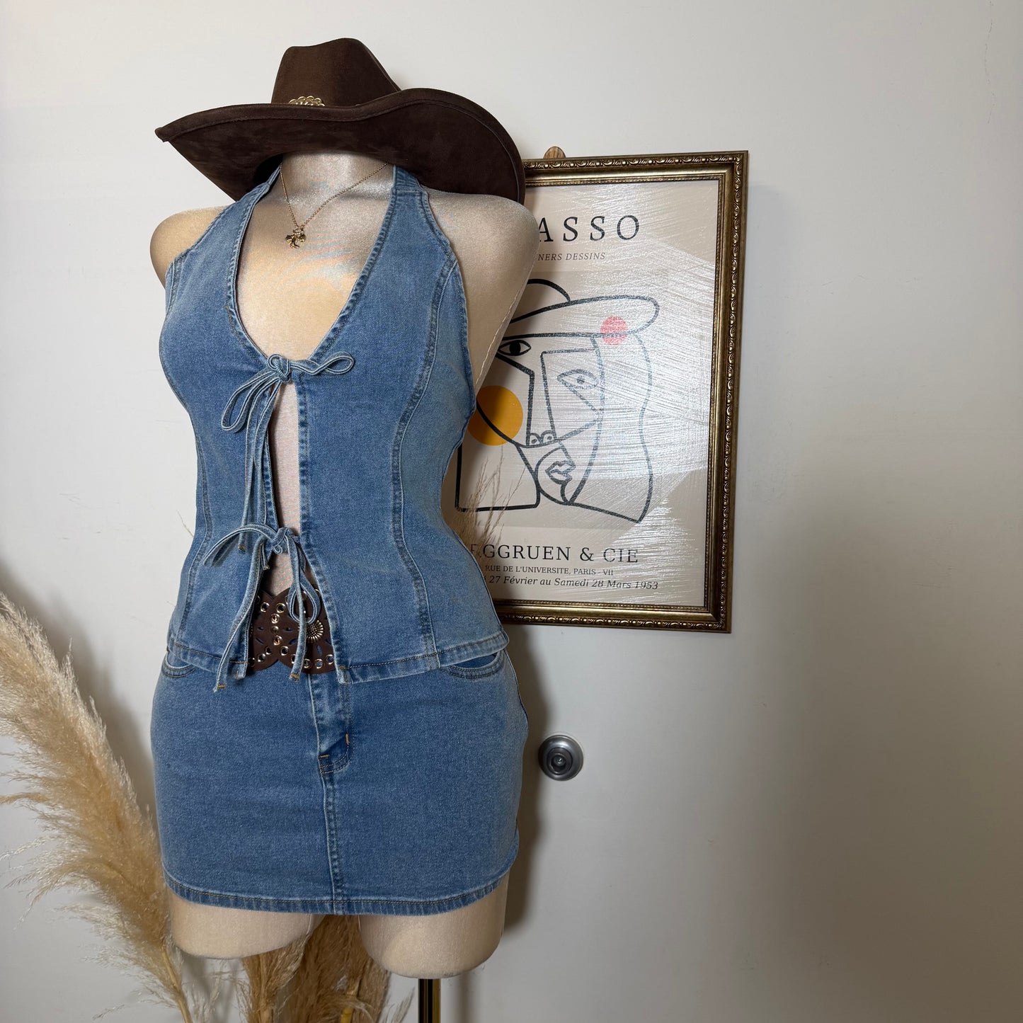 Halter Neck Front Tie Top And Mini Skirt Set-Denim