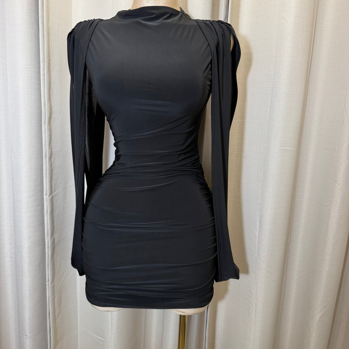 Sleeveless Shoulder Drape Mini Dress-Black