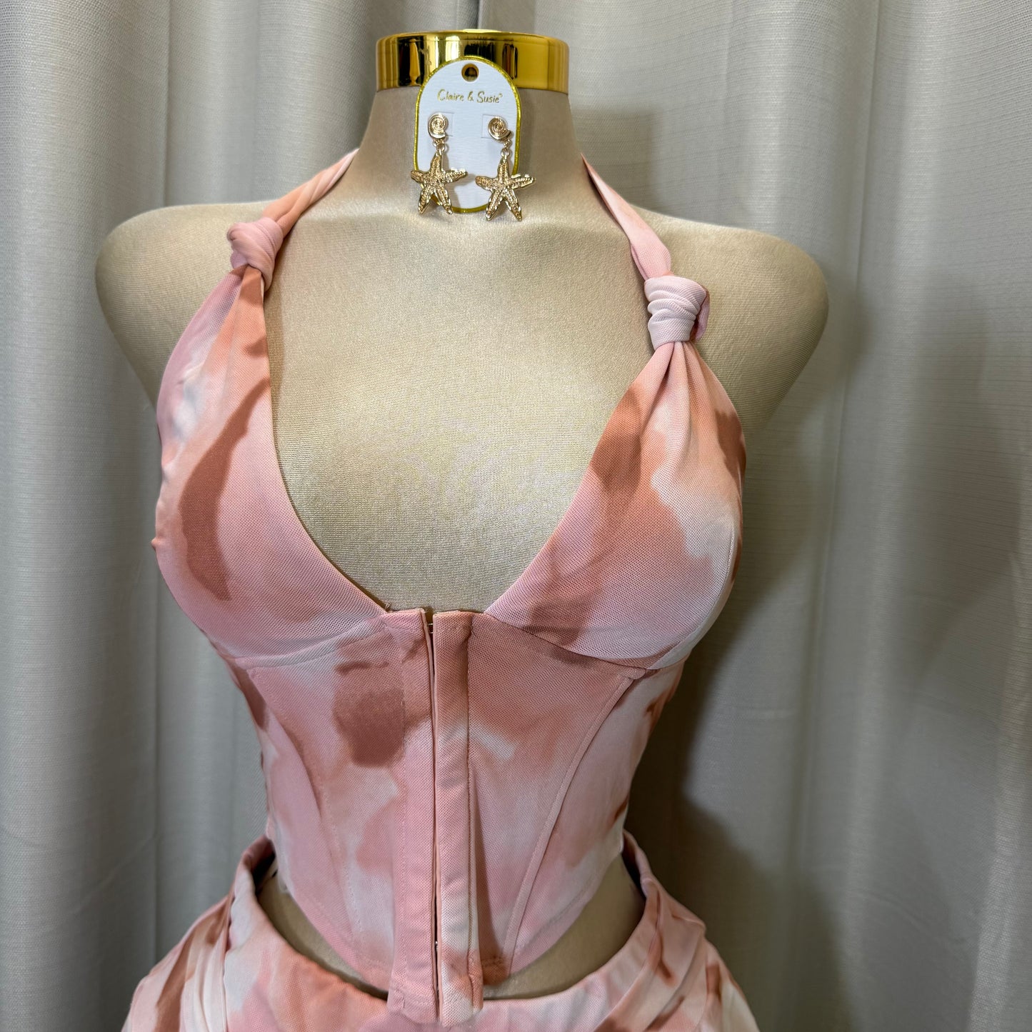 Halter Pink Corset Skirt Set-Baby Pink