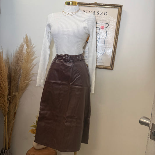 Pu Belted A Line Skirt-Brown