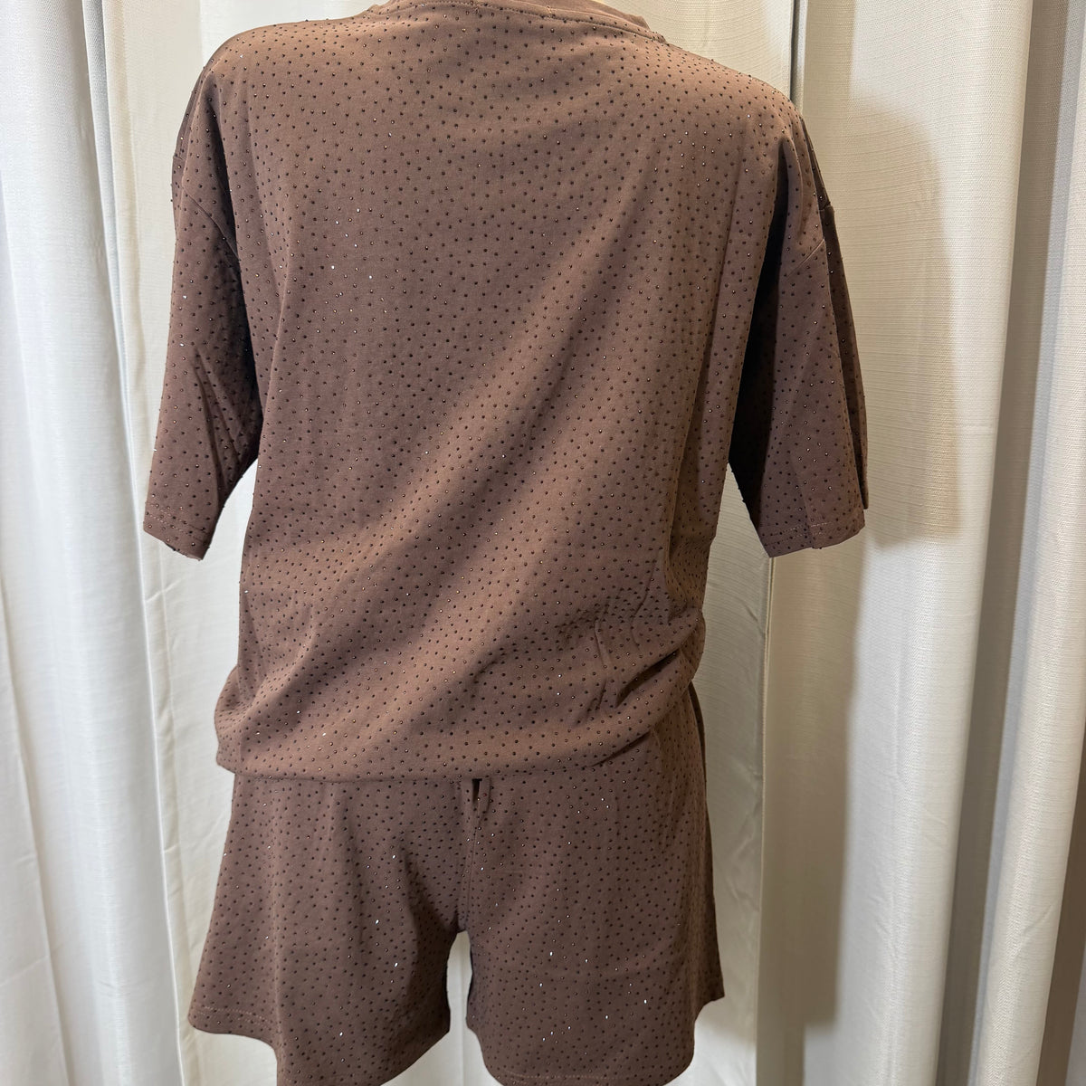 Rhinestone-embellished cotton Casual Tee and Short Tee-Chocolate
