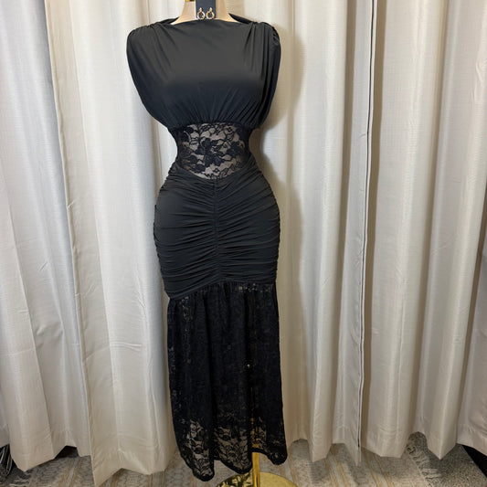 Short sleeve Lace Maxi Dress-Black