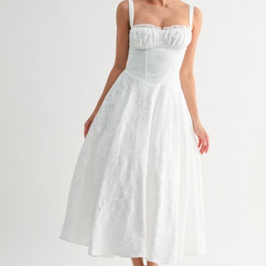 Fleur Corset Midi Dress-White