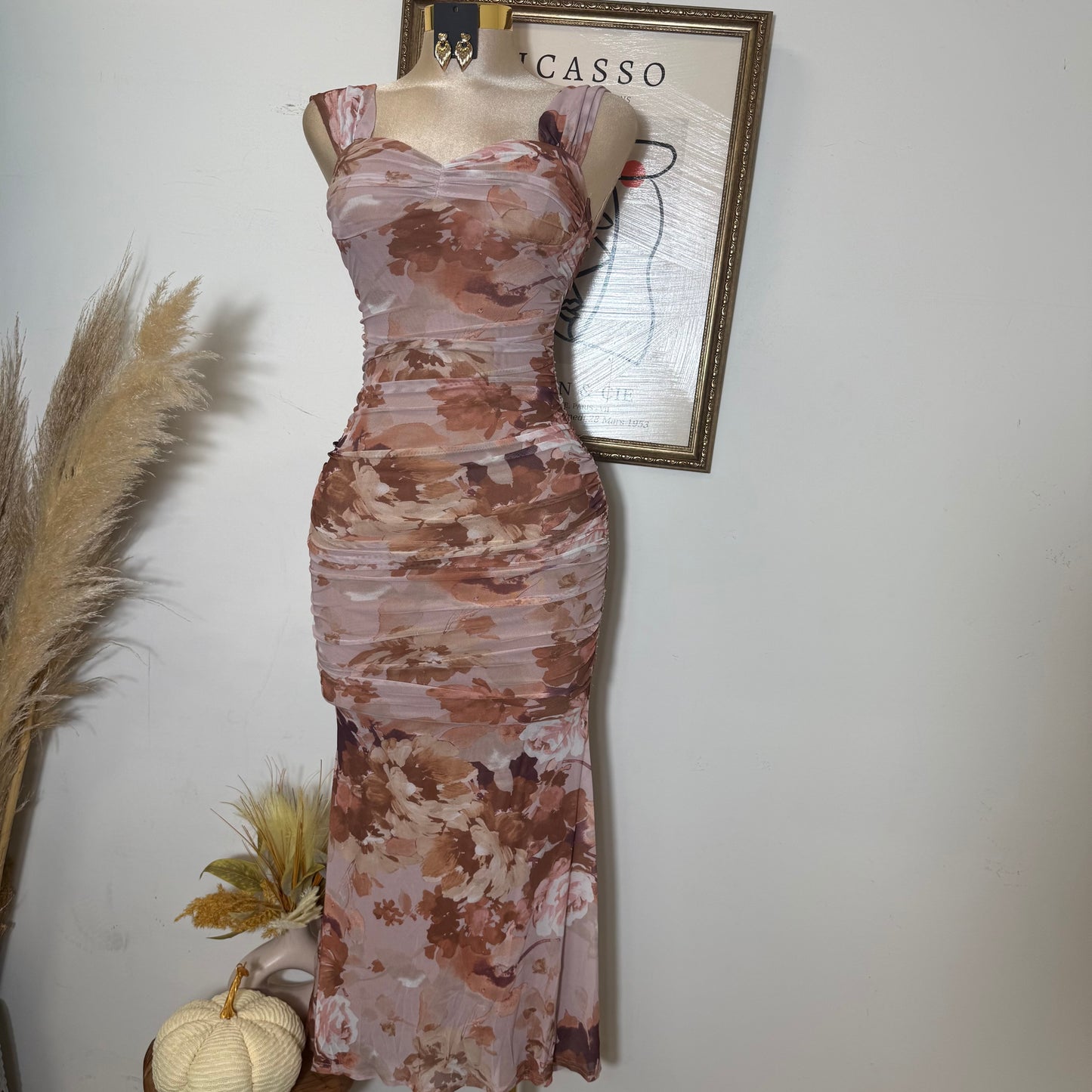 Off Shoulder Bustier Ruching Maxi Dress-brown