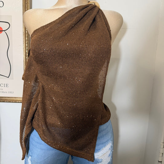 One Shoulder Trim Detail Top-Brown