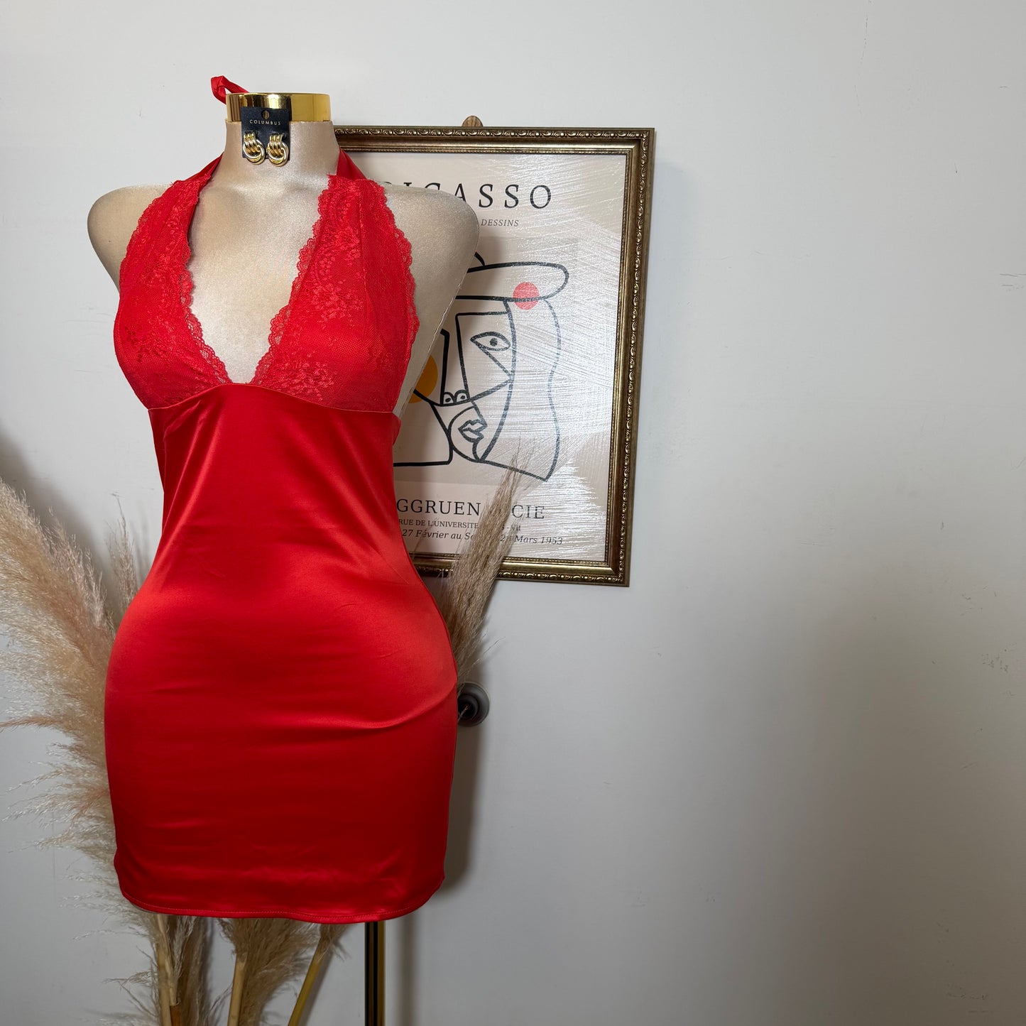 Halter Lace Satin Mini Dress-Red