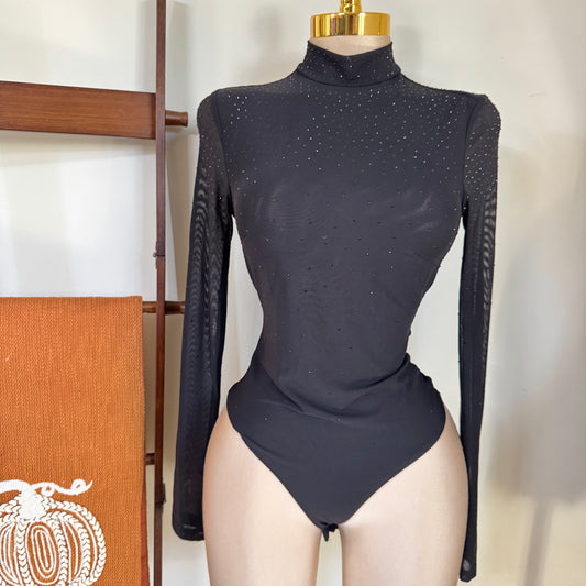 Chic Rhinestone Embellished Mock Neck Bodysuit Top-Black