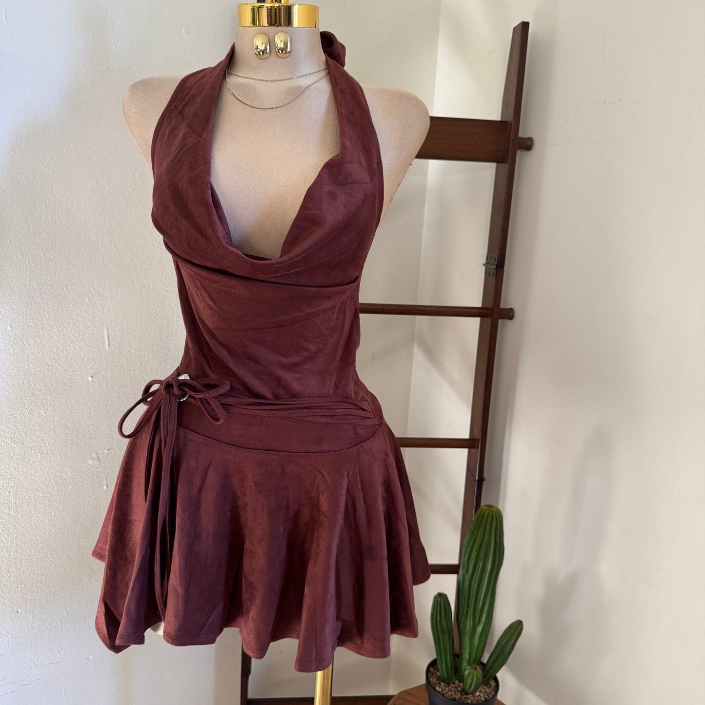 Suede Cowl Halter Open back Dress  -Burgundy