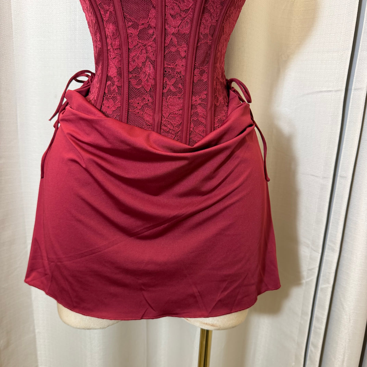 Strapless Lace Corset Cowl Front Mini Dress-Burgundy