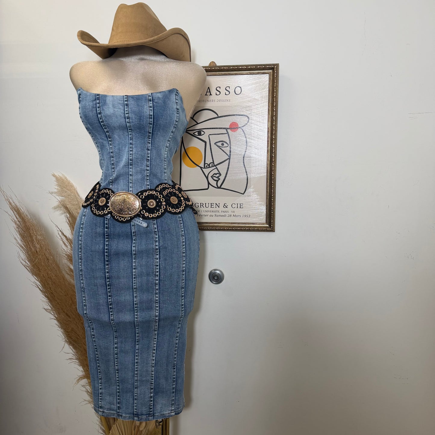 Denim Strapless Midi Dress-LT Blue