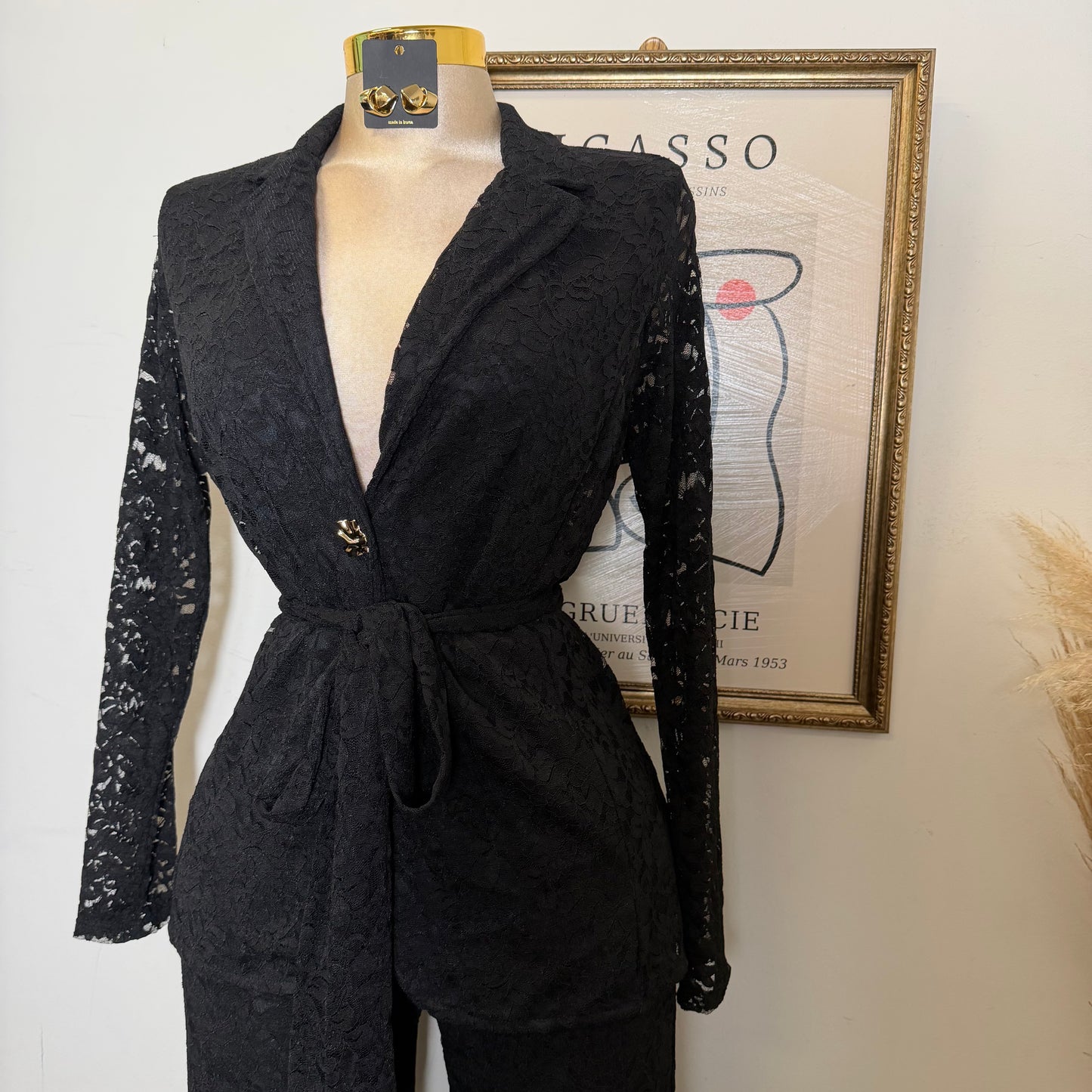 Lace blazer Pant Set -Black