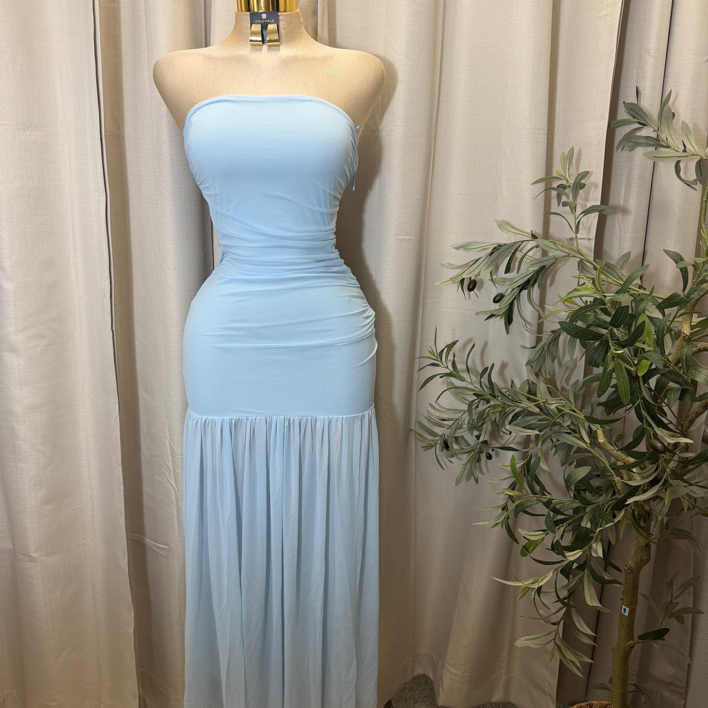 STRAPLESS RUCHED BODICE DROP WAIST MAXI DRESS-Baby Blue