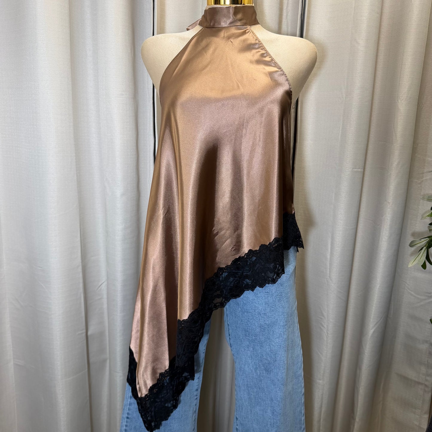 Satin Lace Asymmetrical Top-Brown with Black