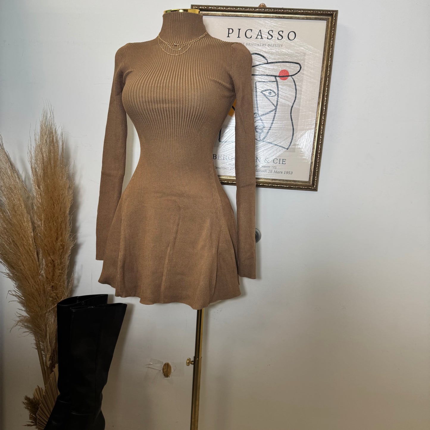 Long Sleeve Sweater Dress-Mocha