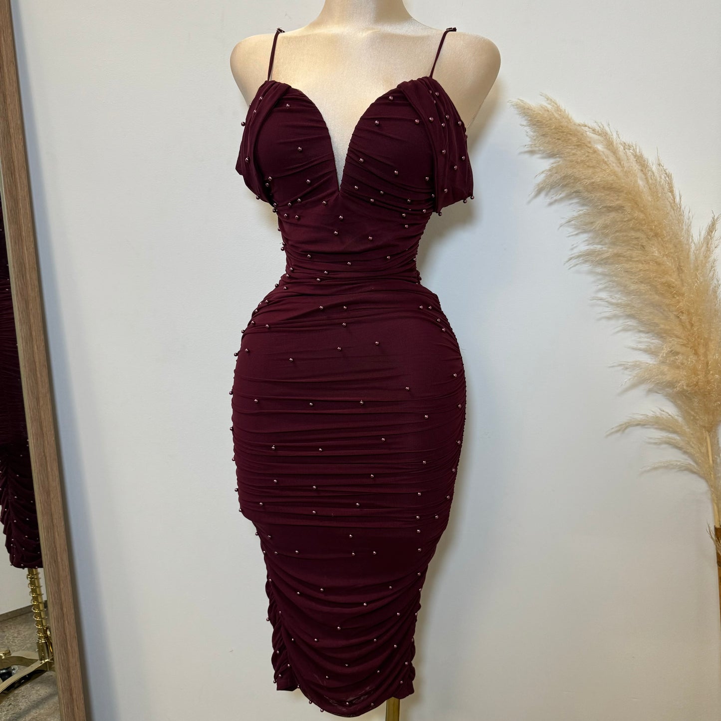 Aria Pearl Midi Dress- Burgundy