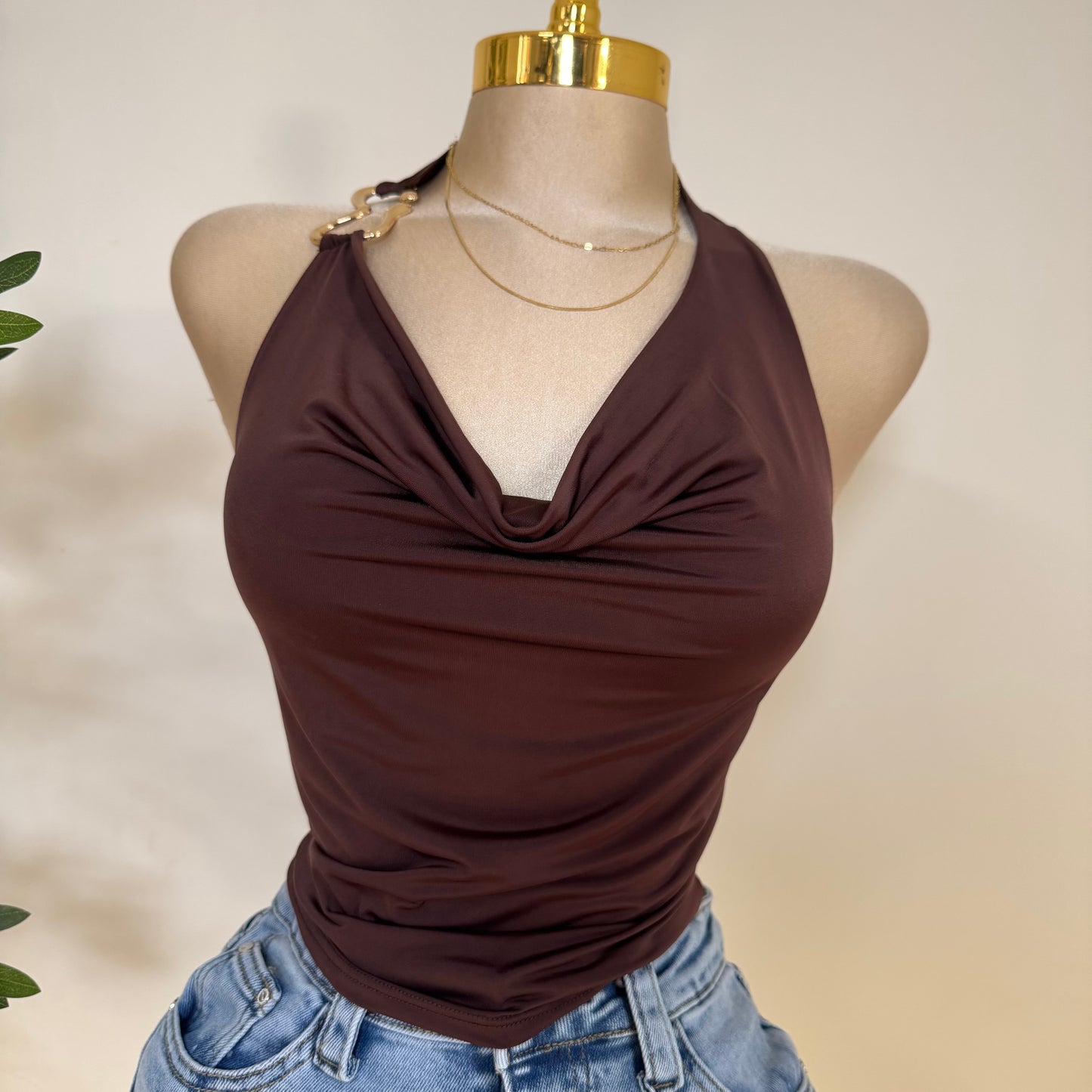 Halter Cowl Top Plus Size -Brown
