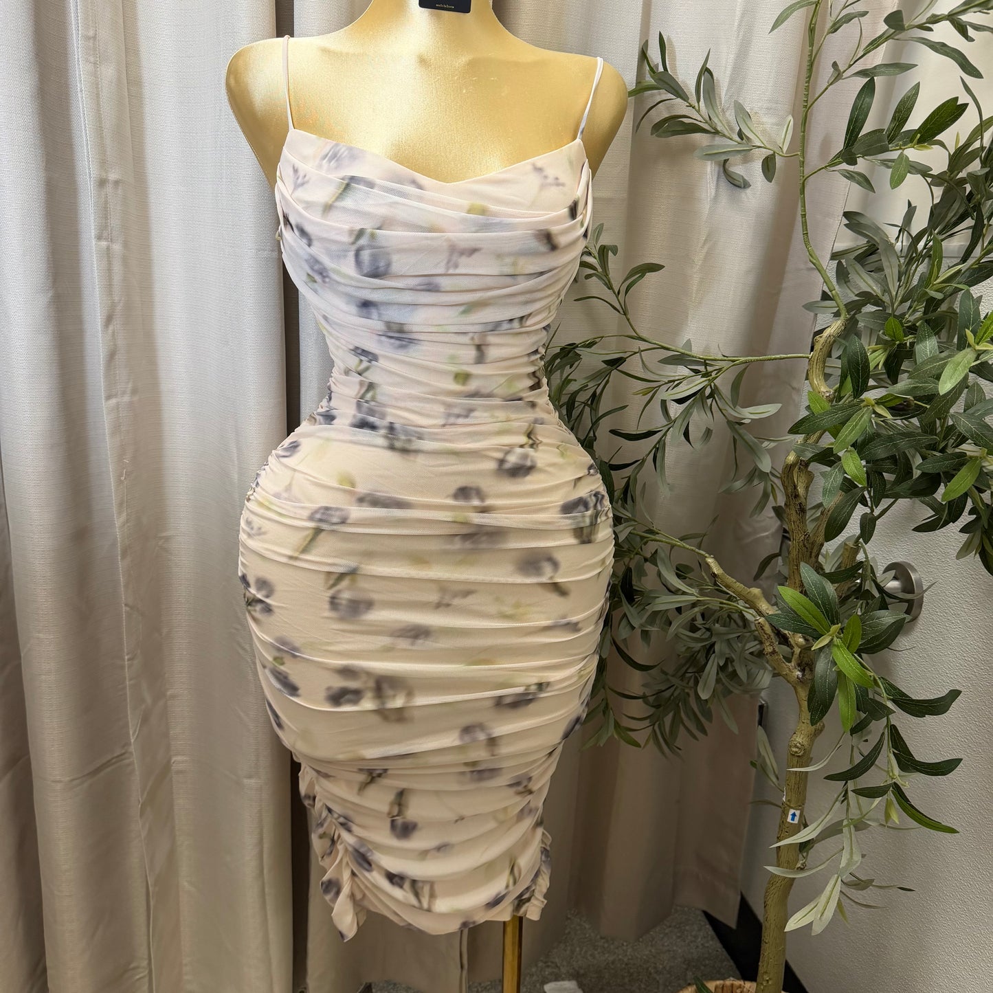 Romantic Floral Cowl neck  Mesh Ruched Midi Dress-Cream Multi