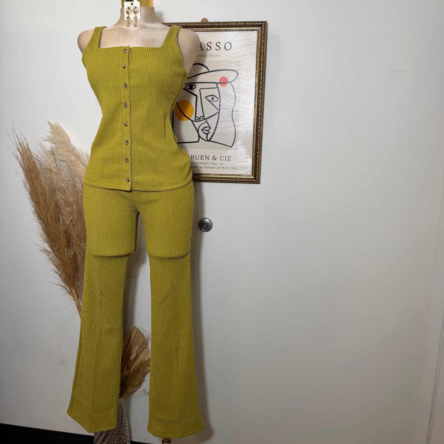 Square neck Vest & Flare Pant set-Green Olive