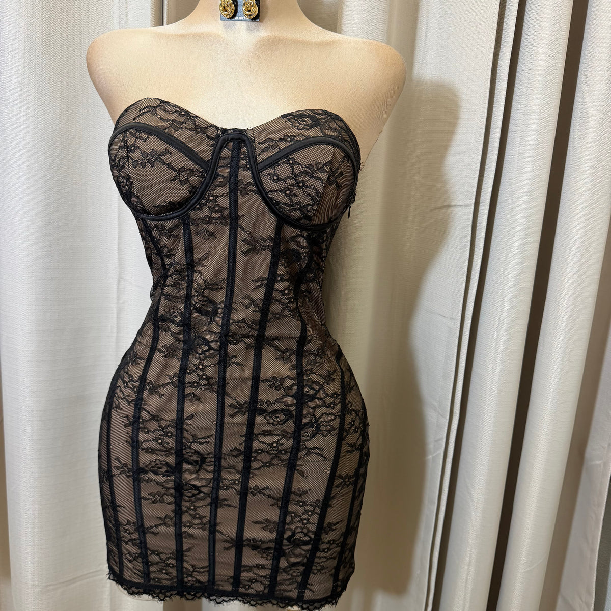 Lace with Strapping Detail Dress-Black