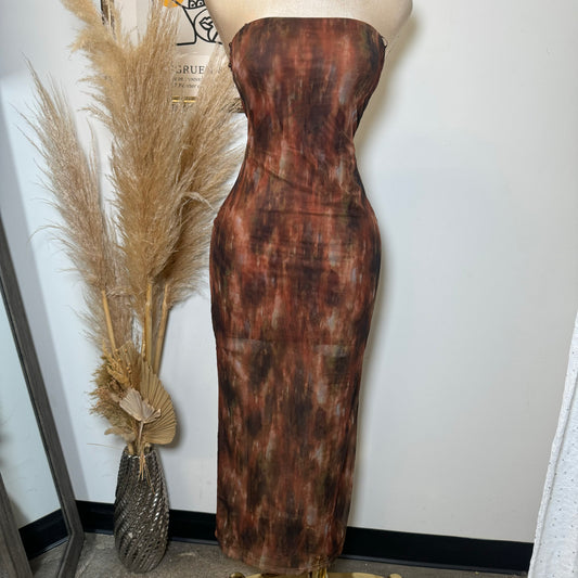 Mesh Print Dress-Brown