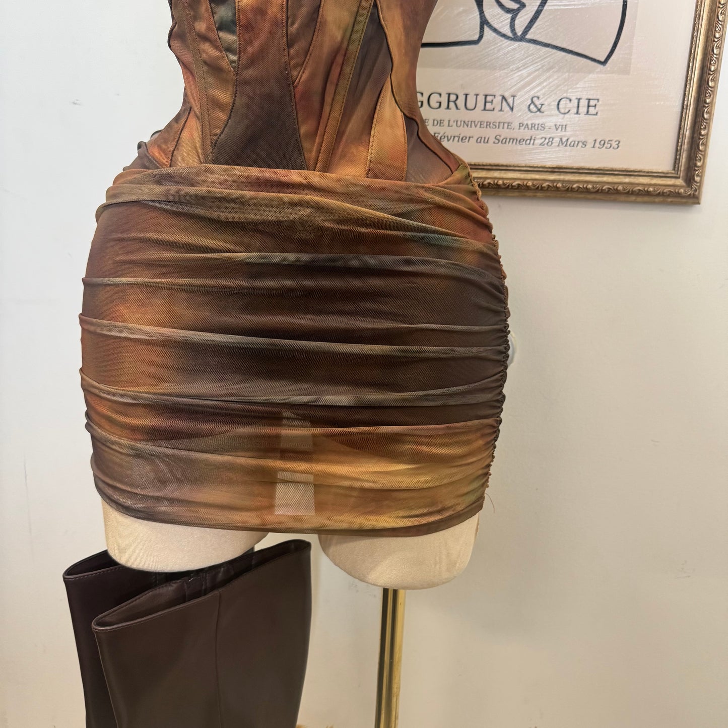 Corset Mesh Mini Dress-Green