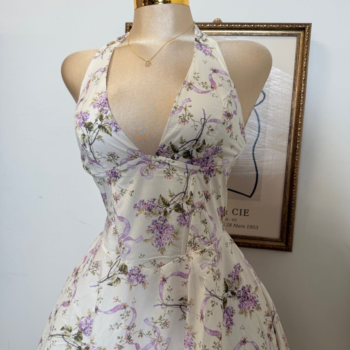 Ribbon Print Fabric Halter Corset Midi Dress-Lavender