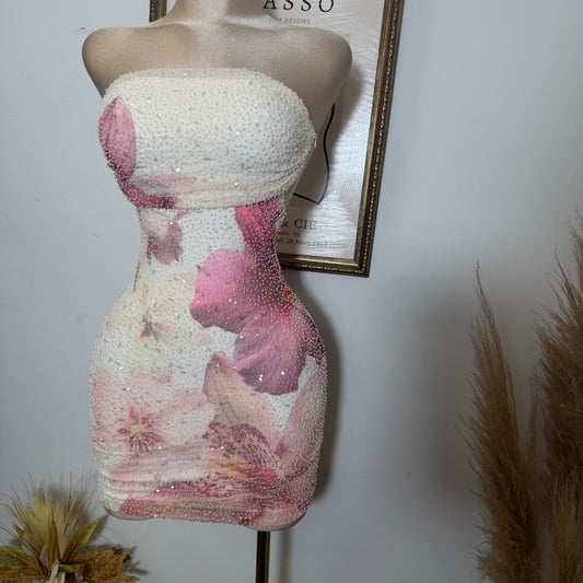 Tropicana Big flower Print Mesh W/ Beads Tube Mini Dress-Cream/Pink