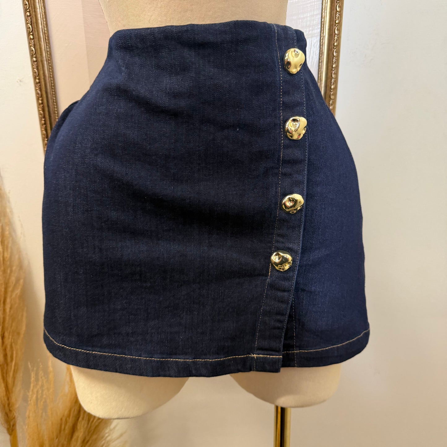 Button Denim Skort-DK Blue