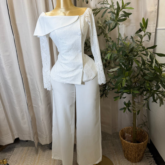 Double-Breasted Blazer Pant Set -White